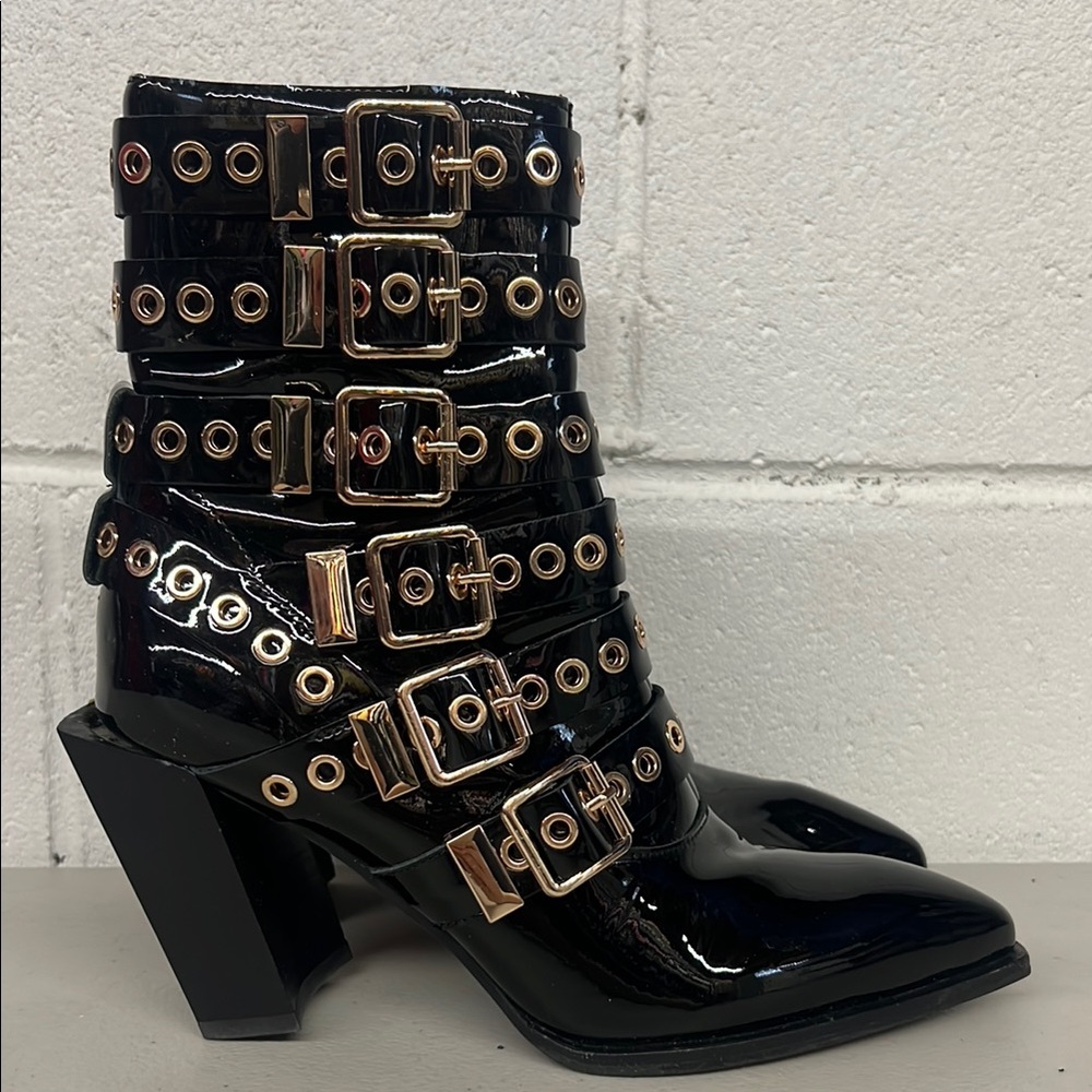 Jeffrey Campbell sz6.5 black buckle gothic heeled boot Ignatius pointed toe edgy